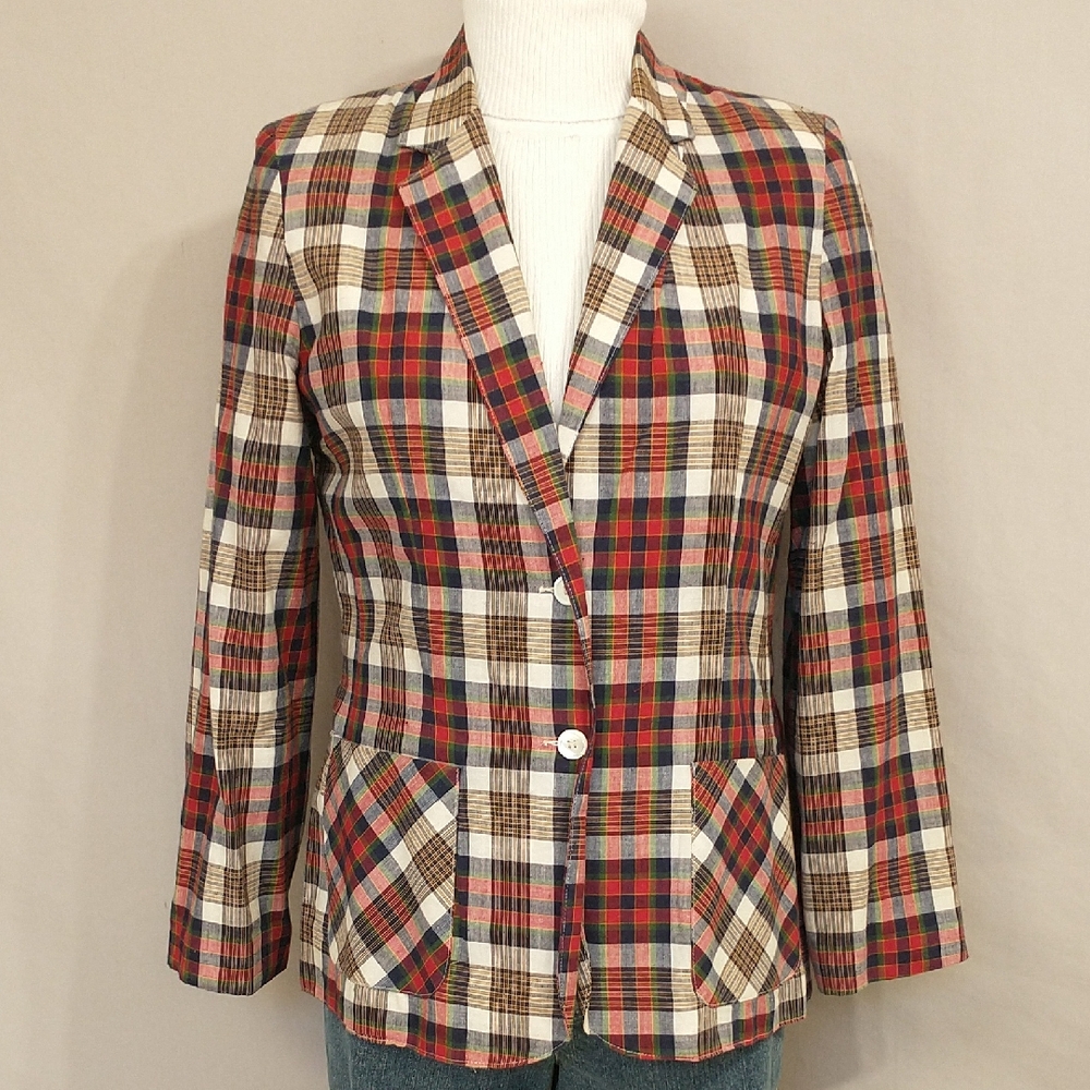 Vintage Plaid Blazer Madras Cotton Blend Academia Preppy 70s 80s Unworn Jacket